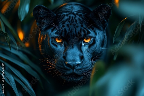 Majestic black panther with piercing yellow eyes among lush green foliage.
