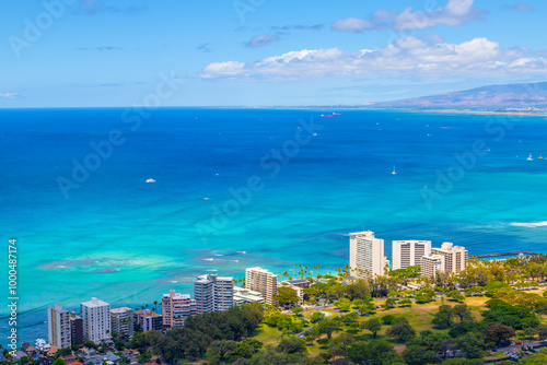 Waikiki coastline facing the Pacific Ocean in Oahu, Hawaii, as viewed from atop Diamond Head State Monument hiking trail