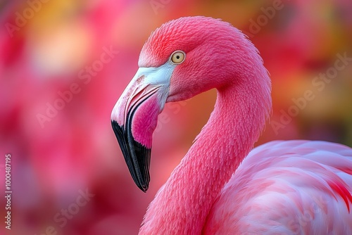 Close-up of a vibrant pink flamingo with a striking beak against a blurred pinkish background.