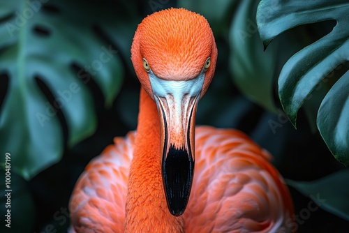 Close-up of a vibrant orange flamingo with lush green leaves in the background.