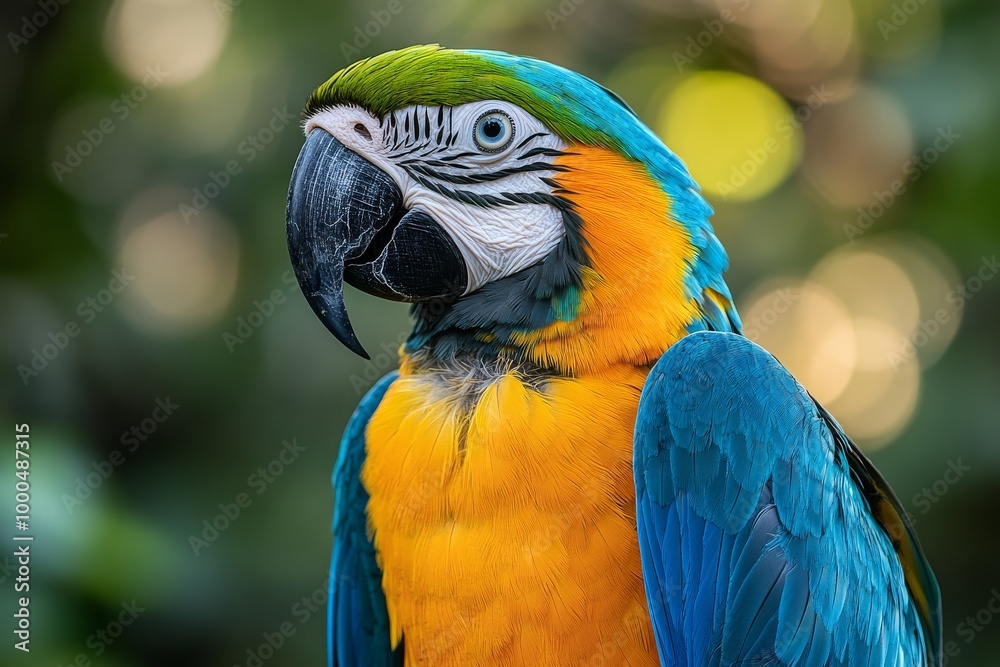 Colorful blue and yellow macaw parrot against a blurred green background. Colorful blue and yellow macaw parrot against a blurred green background.