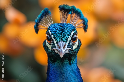 Close-up of a vibrant peacock against a bokeh background of orange hues.