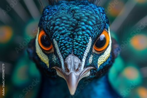 Close-up of a peacock head, showcasing vibrant blue and green plumage with striking orange eyes.