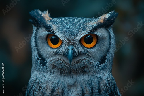 Close-up of a nocturnal owl with striking orange eyes and intricate feather patterns.