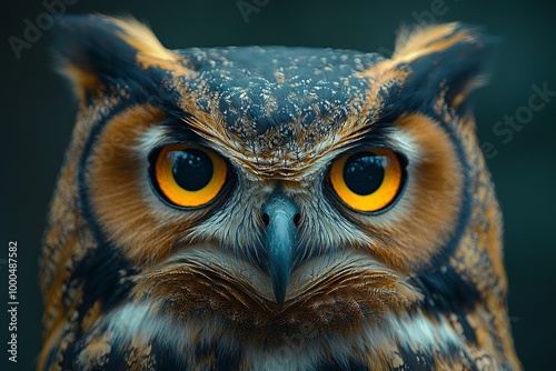 Close-up of an owl with striking yellow eyes and intricate feather patterns.
