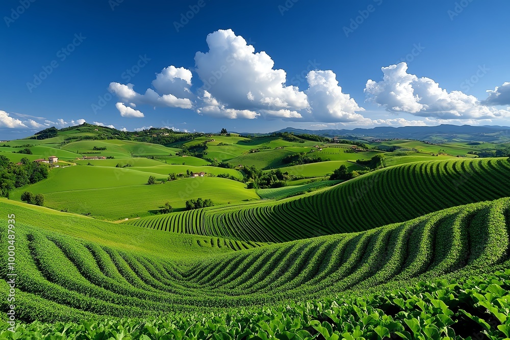 Rural landscape with rolling hills and farm fields, a patchwork of crops stretching out under a sky dotted with clouds, capturing the peaceful beauty of farmland