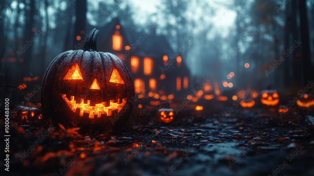 Spooky jack-o'-lantern in a foggy forest. Spooky jack-o'-lantern in a foggy forest.