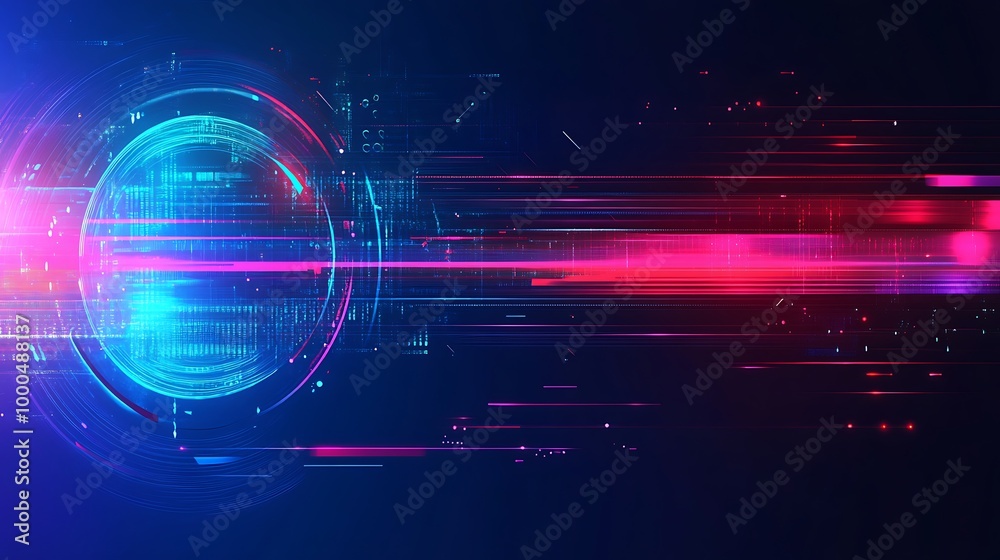 Obraz premium Abstract digital technology background with glowing lines, digital sphere, and code.