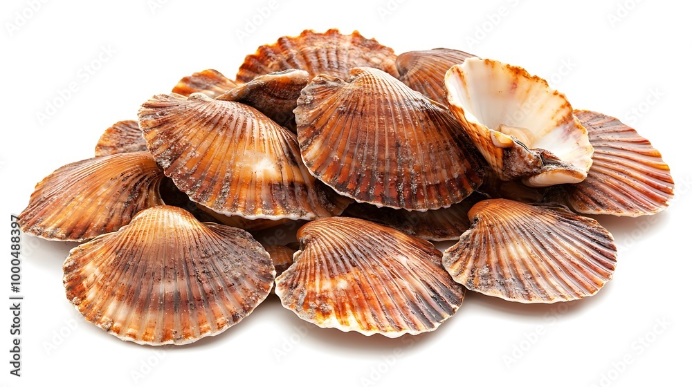 A pile of fresh scallop shells isolated on a white background. A pile of fresh scallop shells isolated on a white background.
