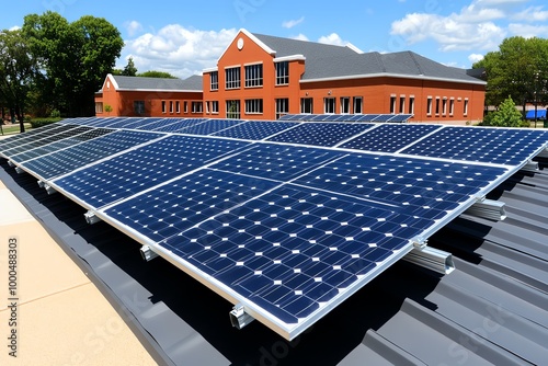 Solar panels integrated into the roof of a school, powering the building and educating the next generation about the importance of renewable energy photo