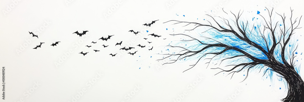 Fototapeta premium A hand-drawn illustration of bats flying away from a blue and black tree.