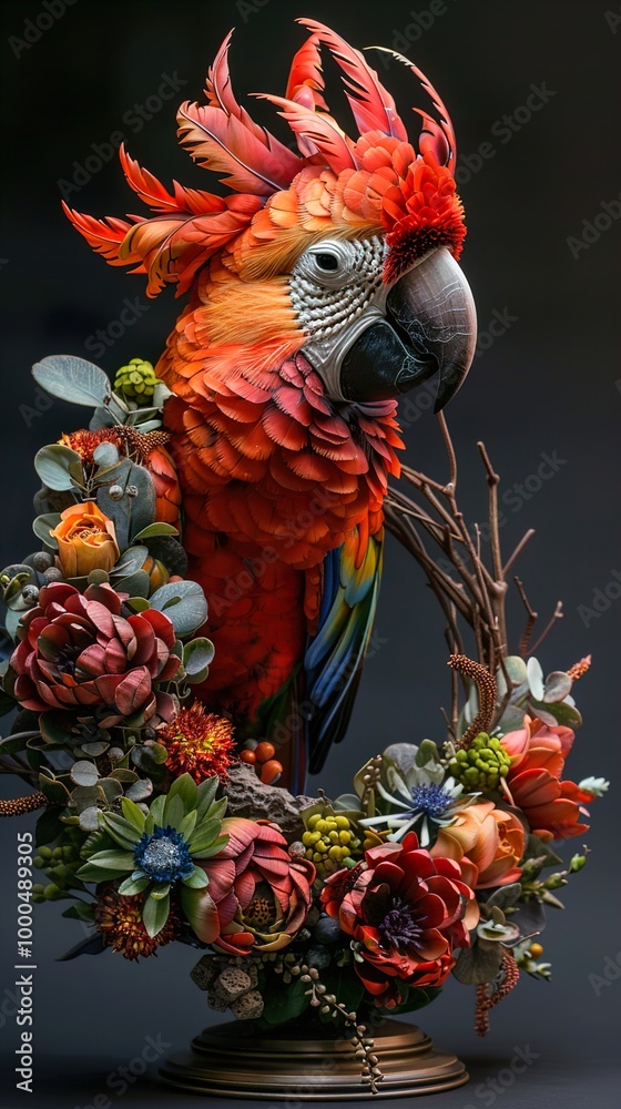 Fototapeta premium Stunning Red Macaw Parrot Amidst Vibrant Floral Arrangement