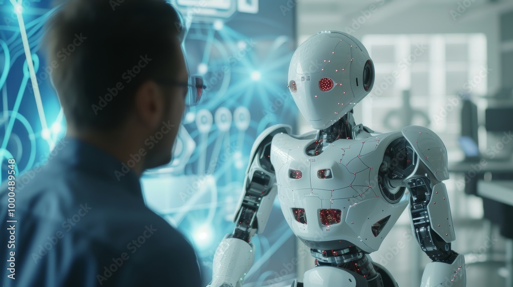 A humanoid robot engages in a conversation with a man in a cutting-edge tech lab, featuring digital holographic displays in the background. The scene emphasizes artificial intelligence, innovation A humanoid robot engages in a conversation with a man in a cutting-edge tech lab, featuring digital holographic displays in the background. The scene emphasizes artificial intelligence, innovation