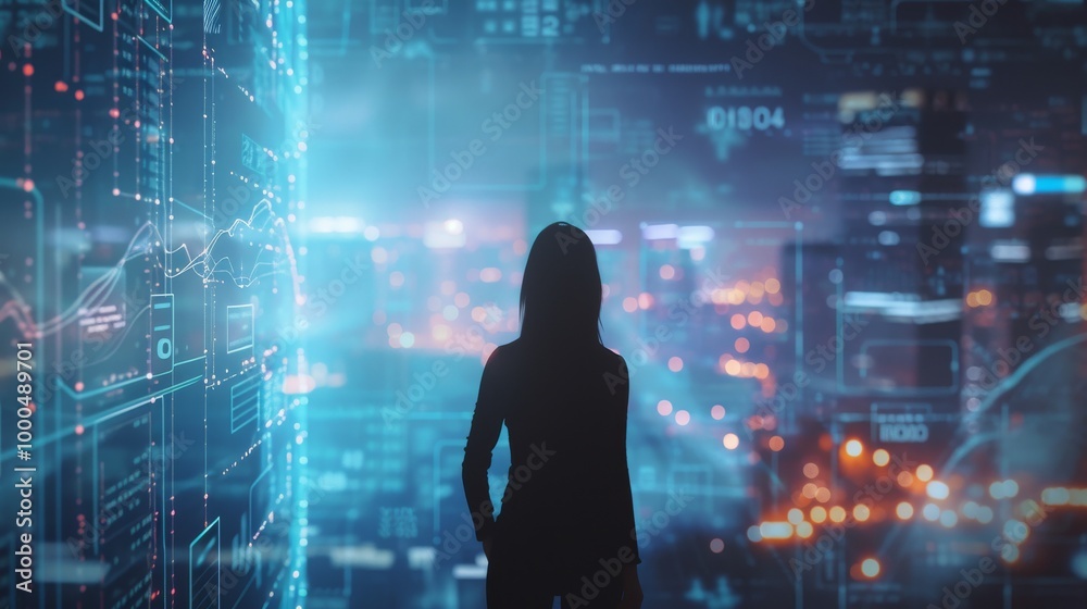 Silhouette of woman facing digital interface in high-tech cityscape. Blurred background. Silhouette of woman facing digital interface in high-tech cityscape. Blurred background.
