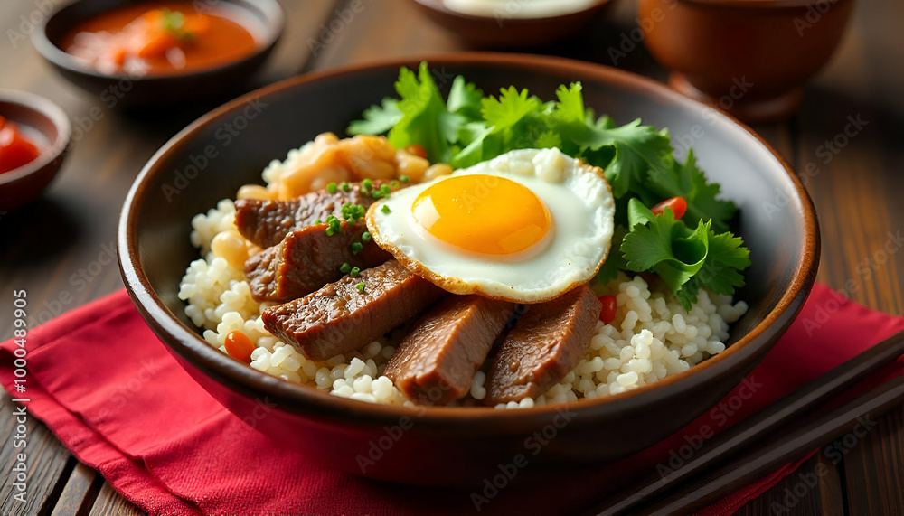 A plate of rice, fried egg, tomatoes, and sliced beef or pork. The dish appears to be a savory and hearty meal, with the egg yolk providing a creamy contrast to the other ingredients. A plate of rice, fried egg, tomatoes, and sliced beef or pork. The dish appears to be a savory and hearty meal, with the egg yolk providing a creamy contrast to the other ingredients.