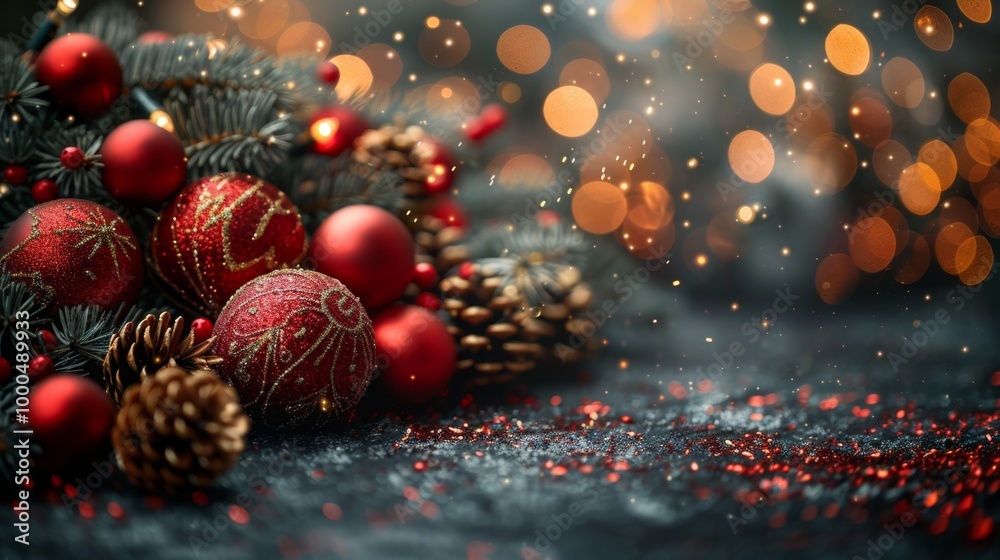 Christmas and New Year holidays background. Christmas tree with red baubles and lights bokeh background. Space for text. Copy space. Greeting card. Christmas and New Year holidays background. Christmas tree with red baubles and lights bokeh background. Space for text. Copy space. Greeting card.