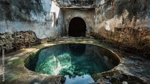 A captivating image of an ancient water well nestled in a picturesque landscape, showcasing the rustic charm and historical significance of this traditional structure.  photo