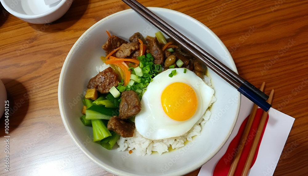 A plate of rice, fried egg, tomatoes, and sliced beef or pork. The dish appears to be a savory and hearty meal, with the egg yolk providing a creamy contrast to the other ingredients. A plate of rice, fried egg, tomatoes, and sliced beef or pork. The dish appears to be a savory and hearty meal, with the egg yolk providing a creamy contrast to the other ingredients.
