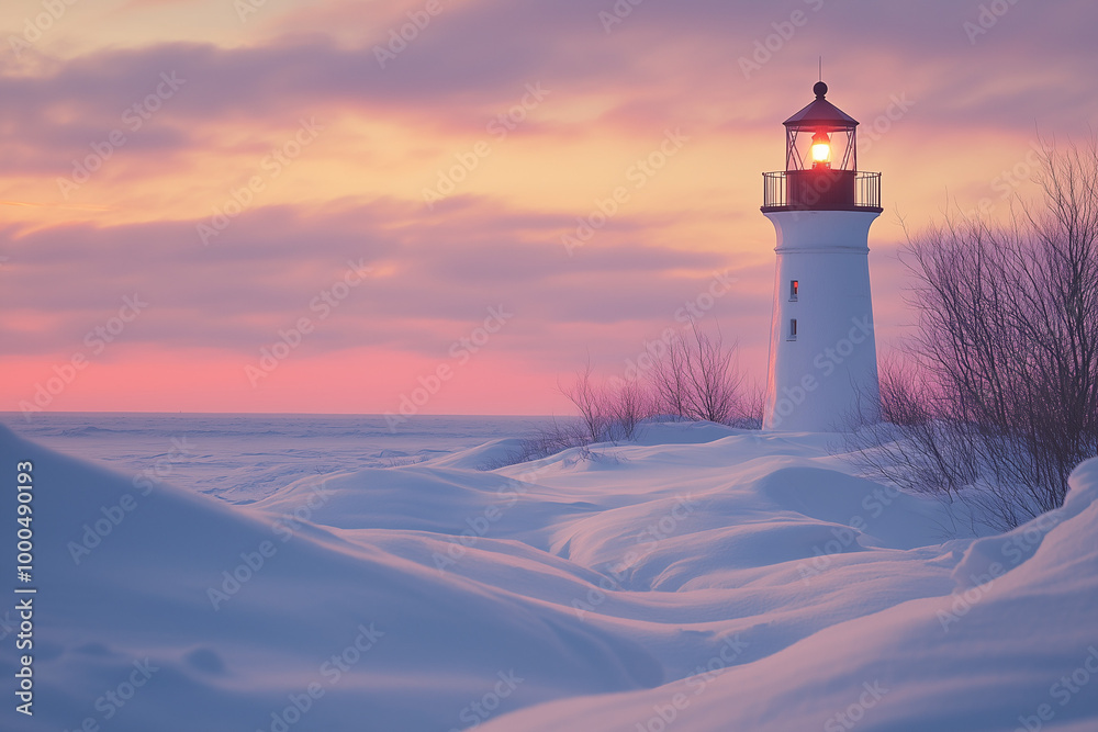 Snow-Covered Landscape with a Lighthouse Standing Tall Snow-Covered Landscape with a Lighthouse Standing Tall