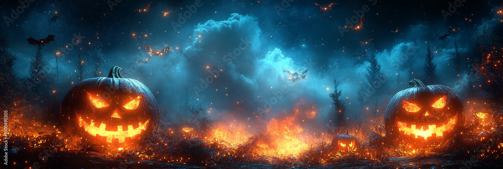 Fototapeta premium Jack-o'-lanterns glow ominously in a dark forest.