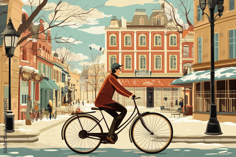 Fototapeta premium Retro Cartoon: A Cyclist on an Old-fashioned Bicycle