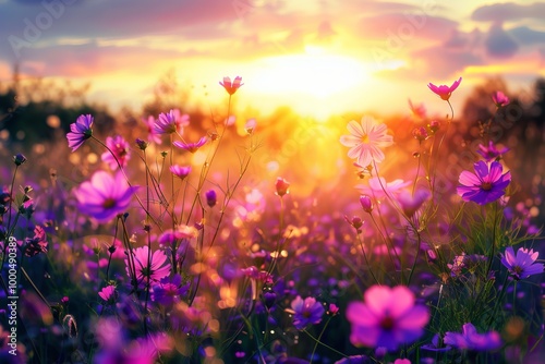 Beautiful flower field rural landscape at sunrise