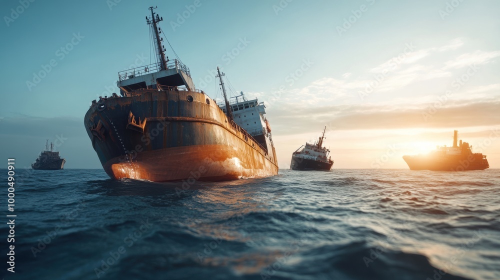 Fototapeta premium Ships at sea during sunset, reflecting warm light on water surface.