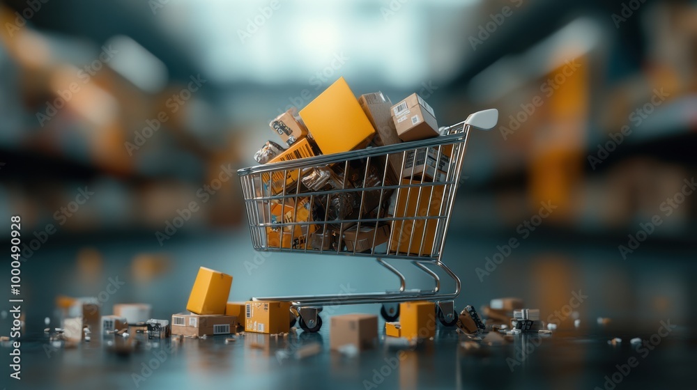 Shopping cart filled with boxes in a warehouse setting, blurred background. Shopping cart filled with boxes in a warehouse setting, blurred background.