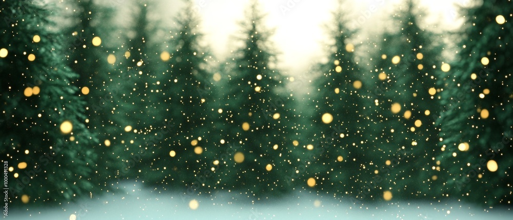 Snow dusted green forest with glittering lights. Golden bokeh fills the air as snowflakes gently fall, creating a festive scene Snow dusted green forest with glittering lights. Golden bokeh fills the air as snowflakes gently fall, creating a festive scene