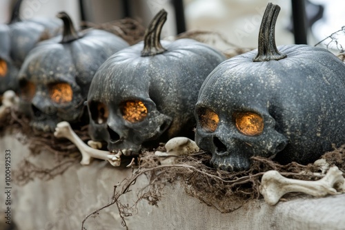 Black pumpkins with skull faces arranged on a rustic surface illuminated by moody lighting setting a dark and eerie Halloween mood