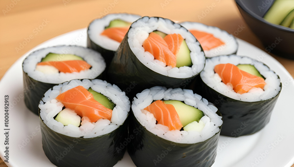 Sushi rolls with salmon and cucumber and rice Sushi rolls with salmon and cucumber and rice