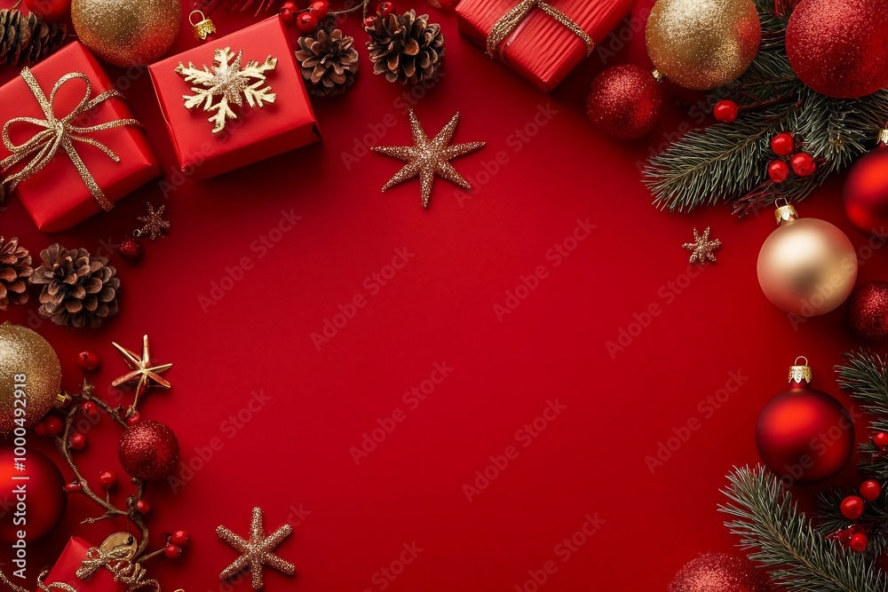 Obraz premium Holiday Ornament Arrangement Top view of artisanal gift boxes, chic tree embellishments, red and gold balls, glimmering star, snowflakes, mistletoe berries on red surface, ready for your festive text