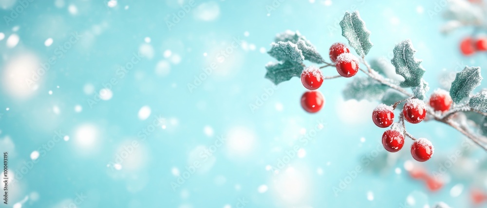 Frost-covered holly branch with bright red berries against a snowy, blue sky backdrop. Soft snowfall adds a wintery atmosphere Frost-covered holly branch with bright red berries against a snowy, blue sky backdrop. Soft snowfall adds a wintery atmosphere