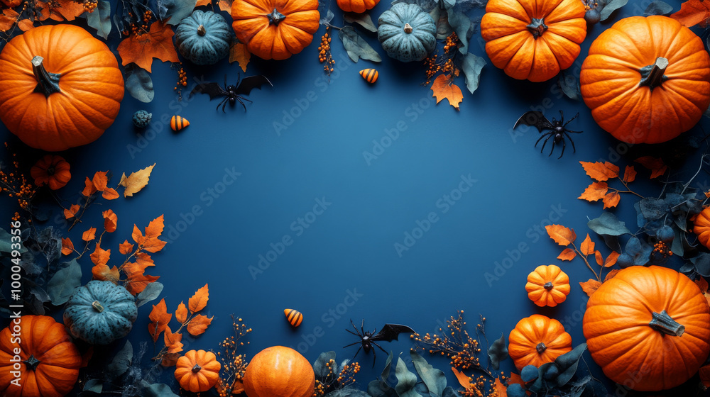 Pumpkins, bats, and leaves on a blue background. Pumpkins, bats, and leaves on a blue background.