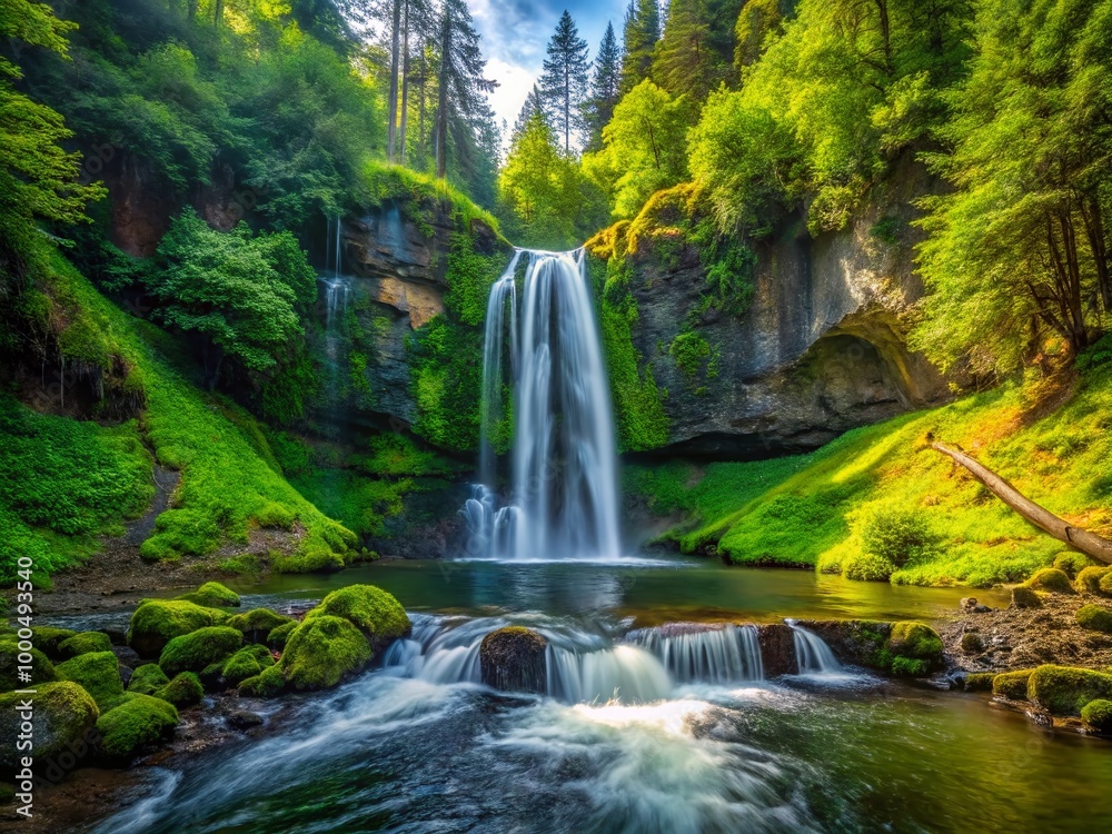 Obraz premium Majestic Oregon Waterfall Cascading Through Lush Green Forest Surrounded by Nature's Serenity