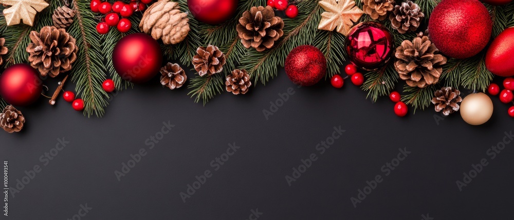 Christmas arrangement with red baubles, pinecones, and berries laid out against a dark background. Christmas arrangement with red baubles, pinecones, and berries laid out against a dark background.