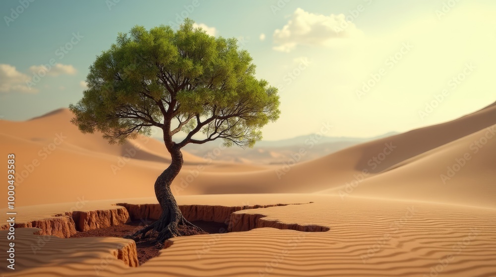 Tree Growing Through a Crack in the Desert, Symbolizing Resilience and Personal Growth Tree Growing Through a Crack in the Desert, Symbolizing Resilience and Personal Growth
