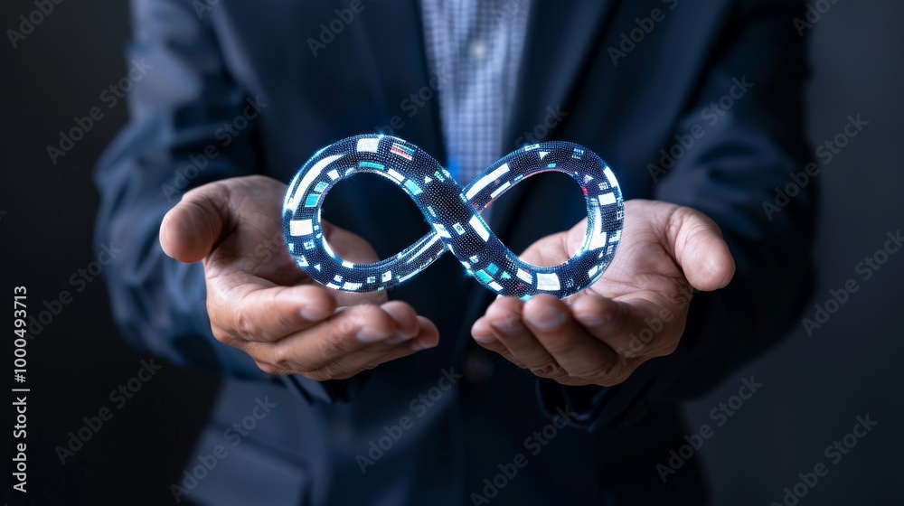 Fototapeta premium Businessman holding a digital infinity symbol, dark background.