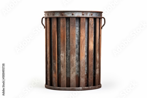 Old rusty metal trash can with vertical slats and handles on each side, isolated on a white background