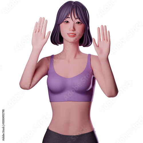 portrait, half body of beauty sport girl in sport wear greeting with raise both hands, 3D character render