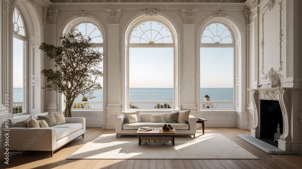 Fototapeta premium Luxurious baroque-style living room with tall arched windows overlooking the sea, elegant white interior, minimalistic furniture, and a cozy fireplace in a seaside villa