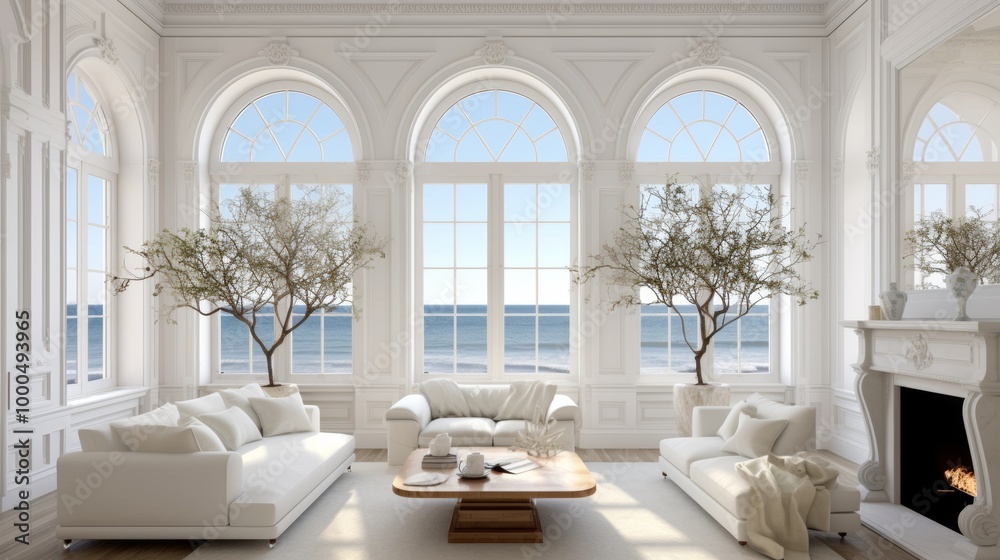 Fototapeta premium Elegant living room with classical white decor, large arched windows overlooking the sea, minimalist furniture, and indoor trees, creating a serene atmosphere in a seaside villa