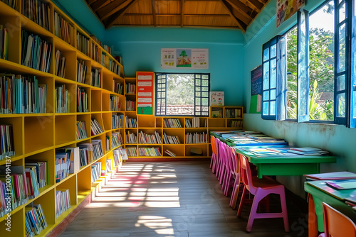 Knowledge Nooks: A Classroom with Rows of Bookshelves Filled with Colorful Tomes