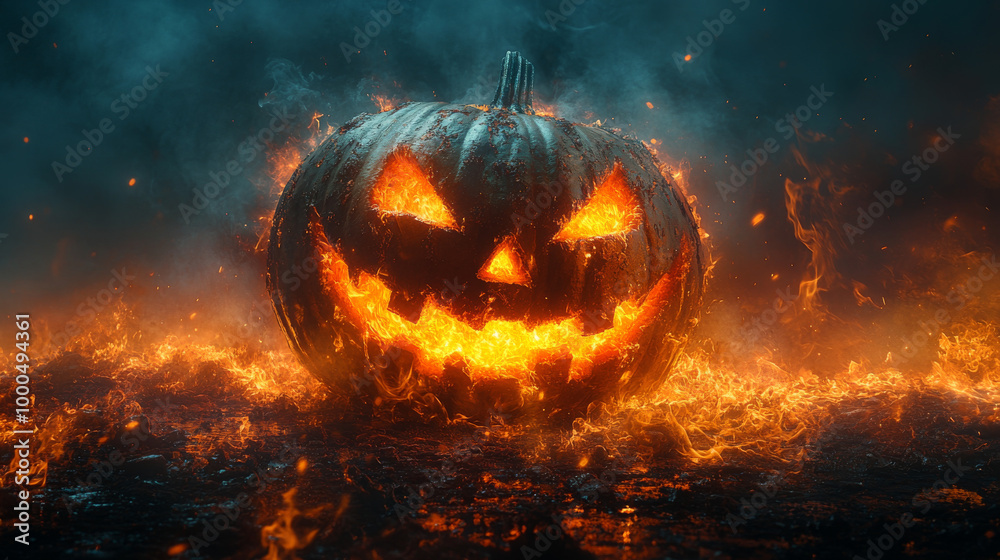 Fototapeta premium A fiery jack-o'-lantern glows in a bed of embers.