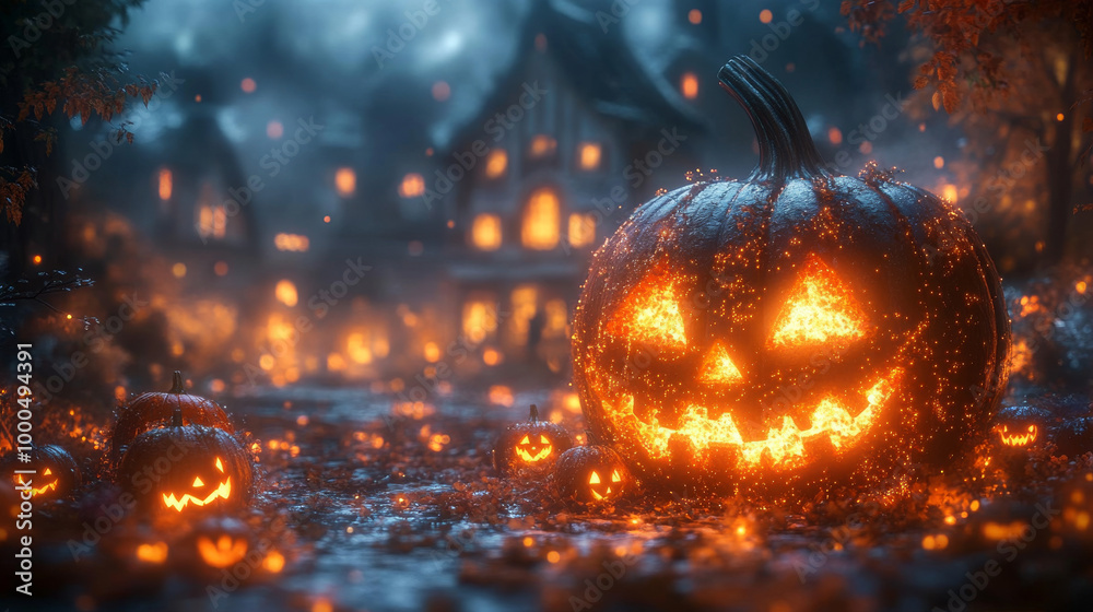 A glowing jack-o'-lantern sits in front of a dimly lit, spooky town. A glowing jack-o'-lantern sits in front of a dimly lit, spooky town.