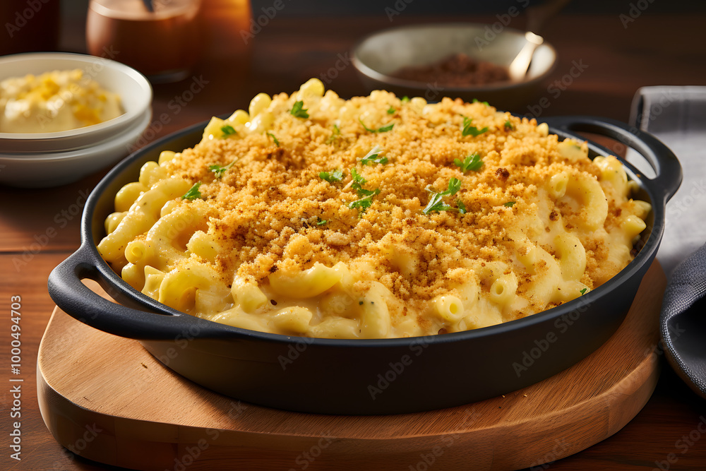 Creamy Vegan Mac and Cheese Topped with Crispy Golden Breadcrumbs in a Black Casserole Dish Creamy Vegan Mac and Cheese Topped with Crispy Golden Breadcrumbs in a Black Casserole Dish