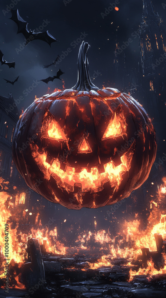 Naklejka premium Fiery Jack-o'-lantern glows over a burning city.