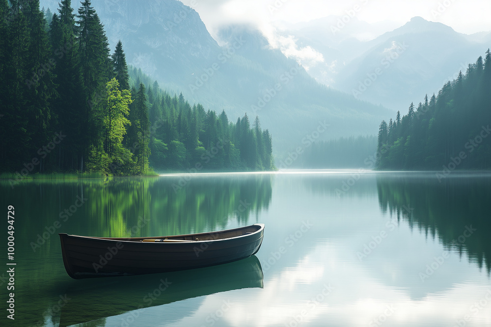 Obraz premium Lake's Lullaby: A Rowing Boat on a Tranquil Mountain Lake Surrounded by Majestic Peaks