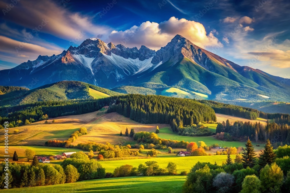 Naklejka premium Majestic View of the Highest Mountain in Slovakia Surrounded by Scenic Landscape and Clear Skies