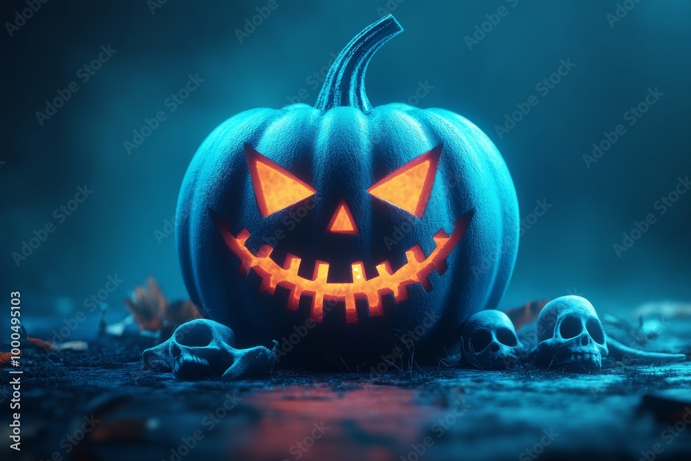 Fototapeta premium Single menacing blue jack o lantern glowing ominously in the dark with surrounding skull props casting a cold eerie atmosphere under harsh lighting